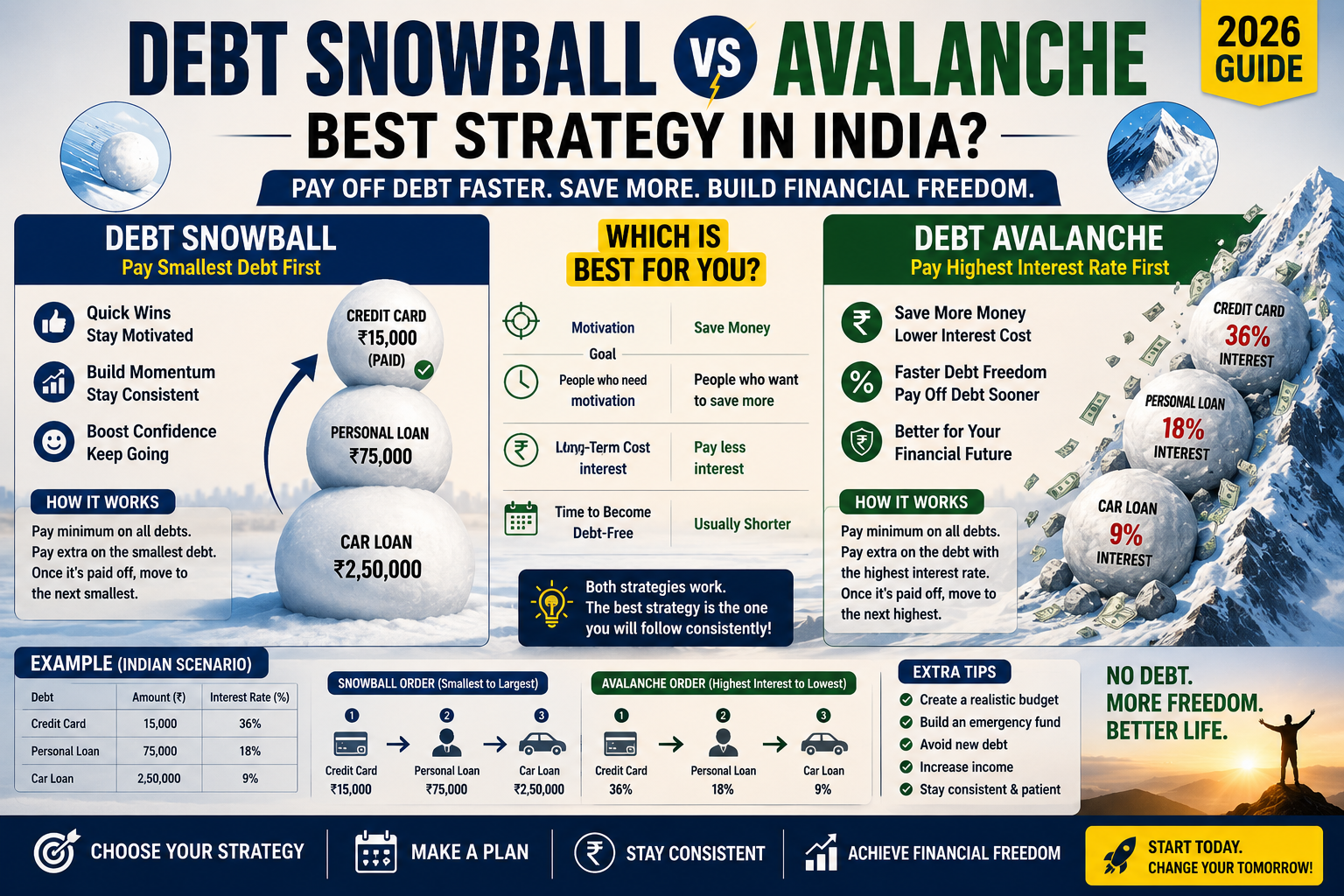 Debt Snowball vs Debt Avalanche strategy comparison diagram by Aarav Sharma
